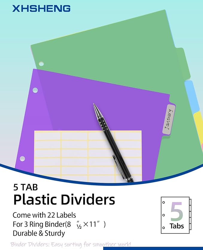 3 Set Dividers for 3 Ring Binders,5 TAB Binder Dividers,Plastic, Multicolor Binder separators with tabs