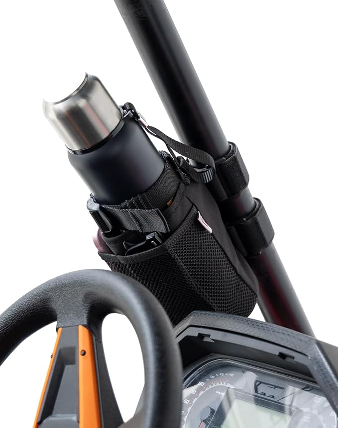 KEMIMOTO 1 Pack Cup Holder, Roll Bar Cup Holder for UTVs Wheelchair Scooter Walker Rollator Bike Golf Cart Boat with Mesh Pockets and Sticky Straps,
