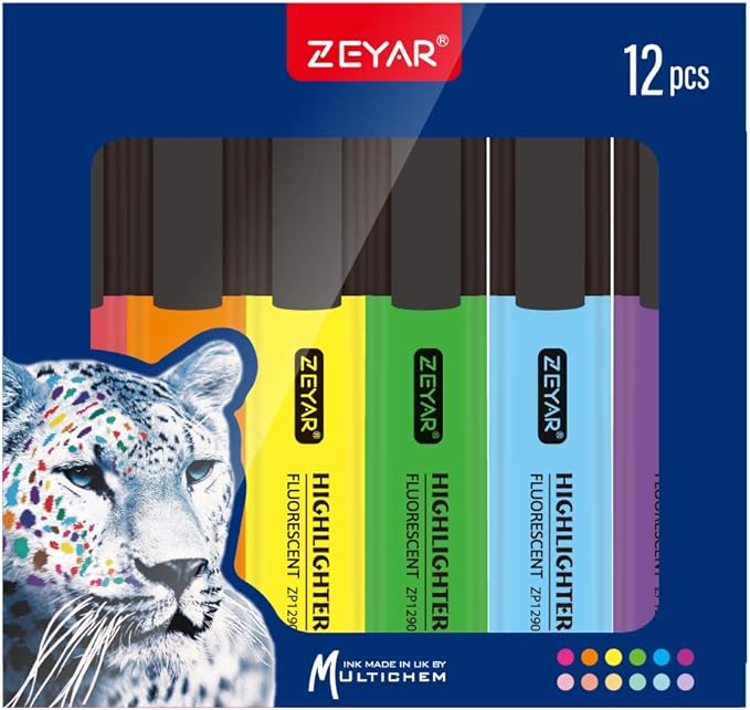 ZEYAR Highlighter, Chisel Tip Marker Pen, AP Certified, Assorted Colors, Water Based, Quick Dry (12 Colors)