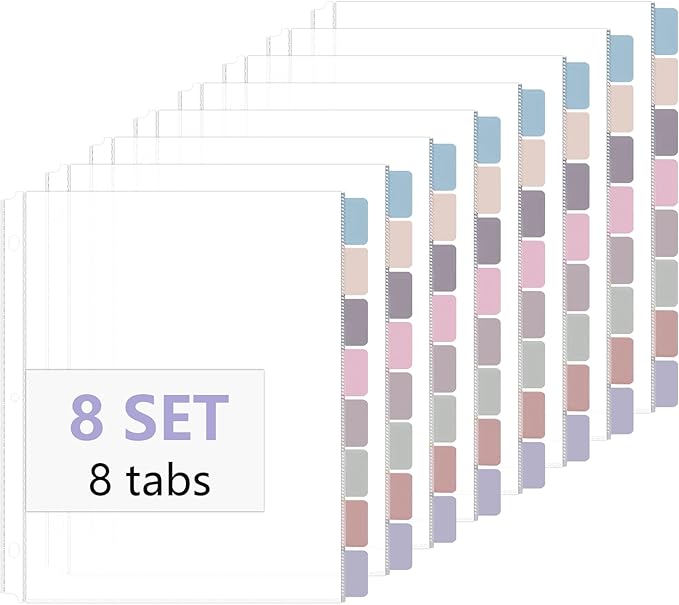 8 Set of 64 Pack Clear Binder Sheet Protectors for 3 Ring Binder Plastic Page Protector with 8 Tabs,Insertable Index Page Divider 8.5x11 Inch(Morandi Colors)