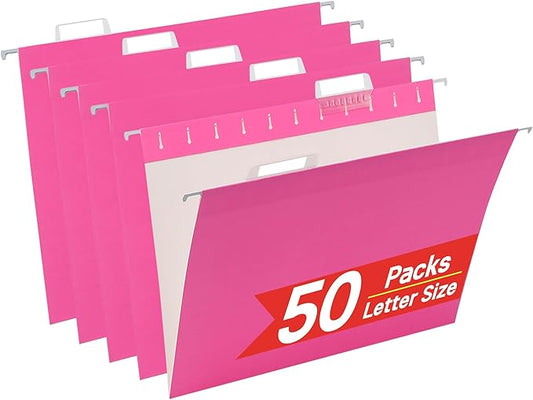 50 Packs Hanging File Folders,Pink Letter Size File Folder,Designed for Bulky Files,Filing Cabinet,1/5 Adjustable Tabs for Office,School,Home