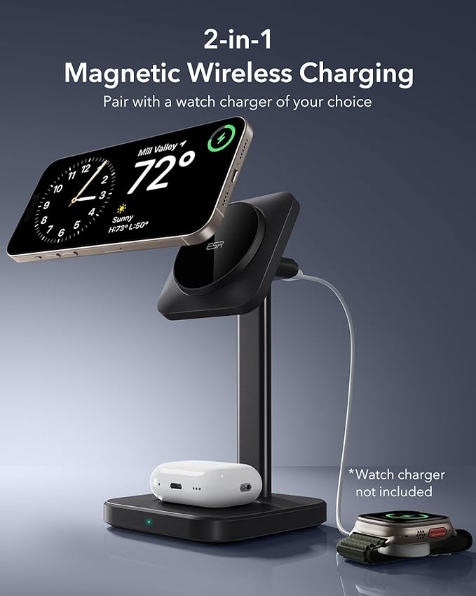 ESR 2 in 1 Charging Station for Apple, MagSafe Charger Stand for iPhone [Certified], Magsafe Charging Station for Multiple Devices iPhone 17/16/15/14/13/12, Apple Watch, & AirPods, Black