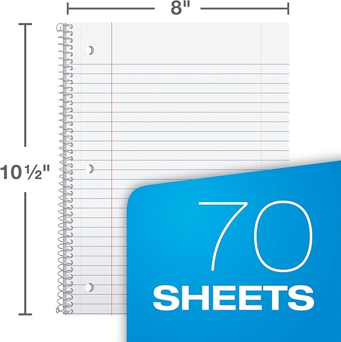 Oxford Spiral Notebooks,1 Subject,Wide Ruled Notebooks for School,8 x 10.5 Inches,70 Sheets,Assorted Colors,Back to School Supplies (65010),6 Count (Pack of 4)