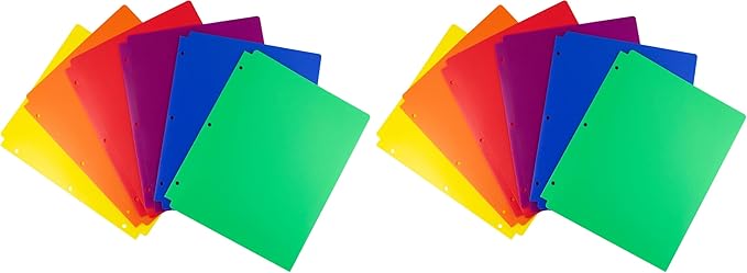 Dunwell Plastic 2-Pocket Folders for 3-Ring Binders, (12 Pack, Assorted Colors) 3 Hole Punched, Divider Folder for Notebook, Durable Poly, Fits 8.5x11 Sheets, Includes Labels