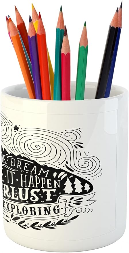Ambesonne Saying Pencil Pen Holder, Vintage Motif Follow Your Dream Make It Happen Never Stop Exploring Monochrome, Ceramic Pencil Holder for Desk Office Accessory, 3.6" X 3.2", White and Black