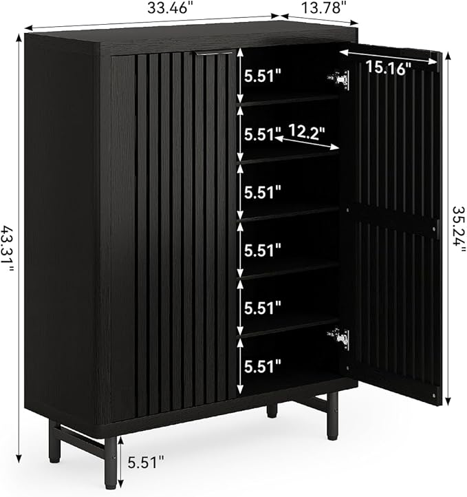 LITTLE TREE 6-Tier Shoe Cabinet with Doors for Up to 24 Pairs, Large Wooden Shoe Storage Cabinet with Adjustable Shelves, Black Freestanding Shoe Organizer Cabinet for Entryway, Hallway