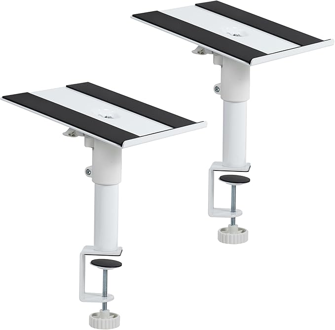 VIVO Clamp-on Speaker Stand Desk Mount Set, 10 x 9 inch Trays, Height Adjustment and Tilt, Universal Audio Holders for Computer and Bookshelf Speakers, Elevated Sound, 2 Pack, White, MOUNT-SP01CW