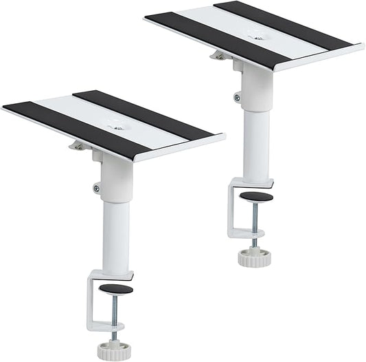 VIVO Clamp-on Speaker Stand Desk Mount Set, 10 x 9 inch Trays, Height Adjustment and Tilt, Universal Audio Holders for Computer and Bookshelf Speakers, Elevated Sound, 2 Pack, White, MOUNT-SP01CW
