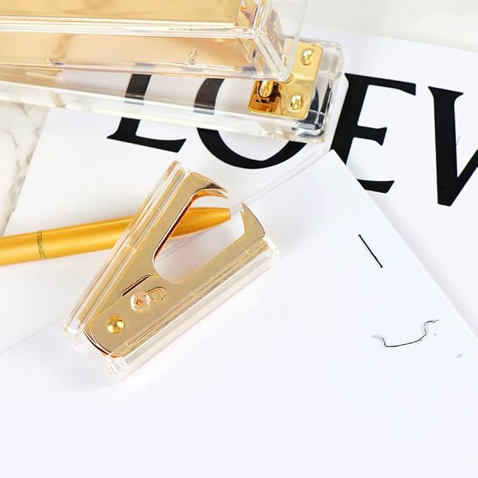 Gold Staple Remover Cute Clear Staples Remover Acrylic Body Steel Jaws Staple Puller Removal Tool for Dress Up Home Office School Desk Accessories Gift (Gold)