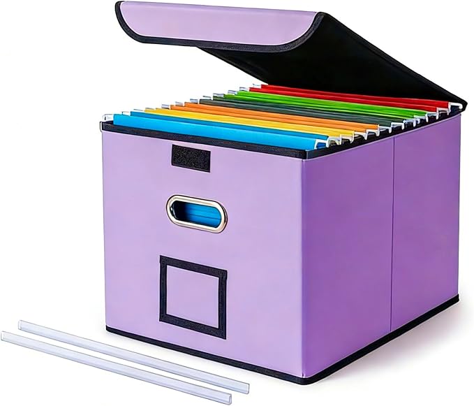 CADONO File Organizer Box with Lid, Collapsible File Folder Organizer with Plastic Slide, Hanging File Folder Box for Office Document Storage