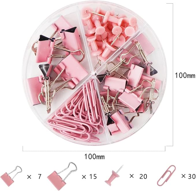 Paper Binder and Clips Set, Metal Assorted Sized Binders with Push Pins, Cute Office Supplies, Teacher Desk Must Haves, Cute Desk Accessories,Pink, 1 Pack