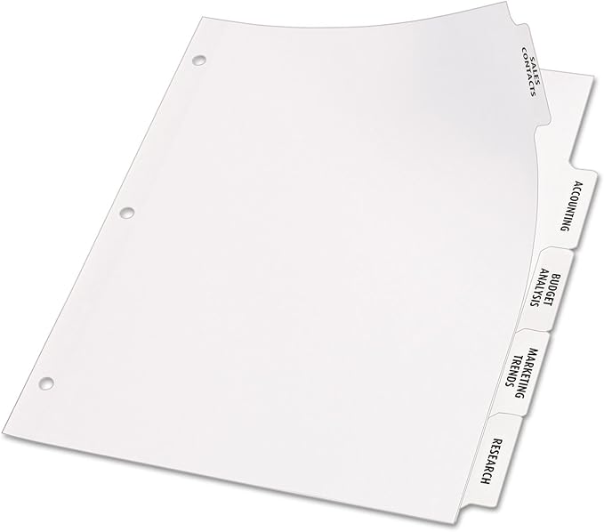 Avery 5 Big Tab Dividers for 3 Ring Binder, Easy Print & Apply Clear Label Strip, Index Maker Customizable White Tabs, 1 Set (11490)