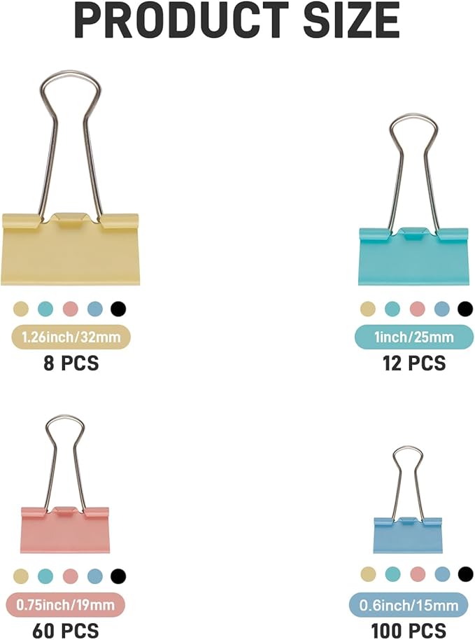 180 Pack Colored Binder Clips Bulk, 4 Size Assortment Includes Large, Medium, Small, Mini Metal Clips (1.26”, 1”, 0.75”, 0.6”), Heavy-Duty Metal Paper Clamps for Office & School Supplies
