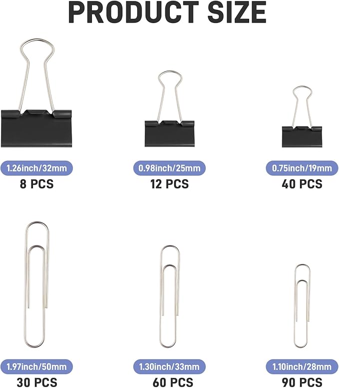 240PCS Black Assorted Size Paper Clips and Binder Clips, Paperclips Large Medium Small, Binder Clip and Paper Clip Set for Home, School, and Office Supplies in a Container with Compartments