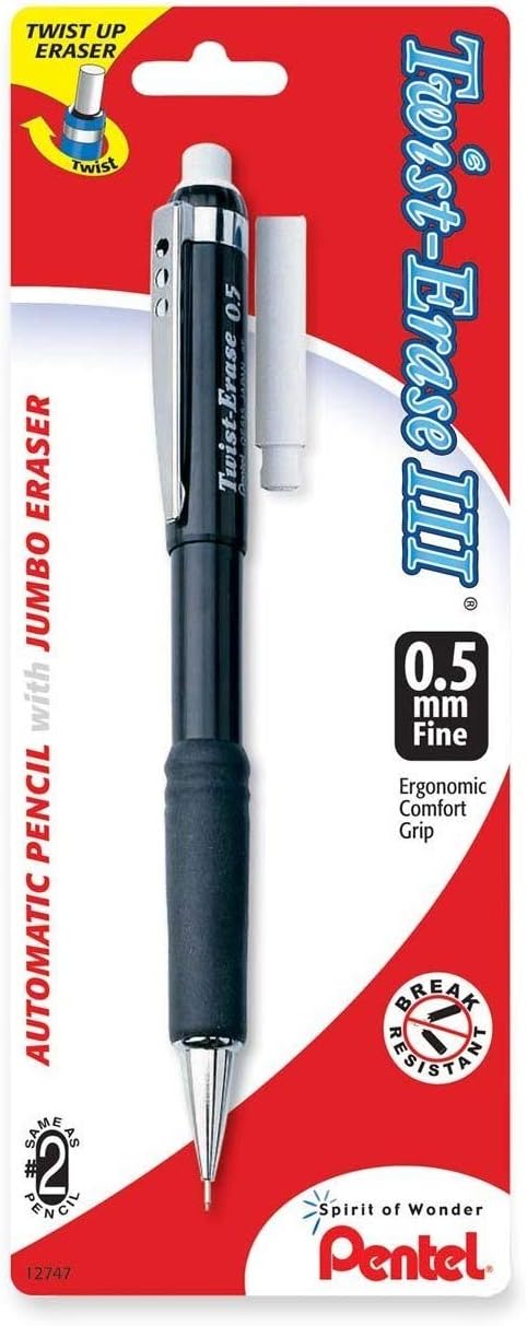 Pentel Twist-Erase III Automatic Pencil with 1 Eraser Refill, 0.5mm, Assorted Barrels, 1 Pack (QE515BP-K6)
