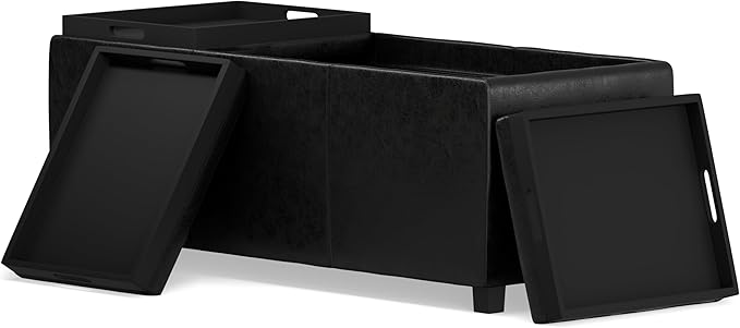 SIMPLIHOME Avalon Storage Ottoman - 42 inch Wide Upholstered Vegan Leather Rectangular Flip-Top Ottoman in Distressed Black, Contemporary Coffee Table Ottoman for Living Room with Hidden Storage