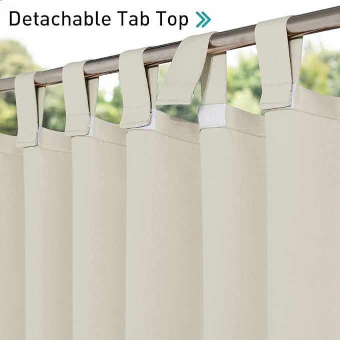 NICETOWN 2 Panels Outdoor Patio Curtainss Waterproof Room Darkening Drapes, Detachable Sticky Tab Top Thermal Insulated Privacy Outdoor Dividers for Canopy/Doorway, Beige, W52 x L84