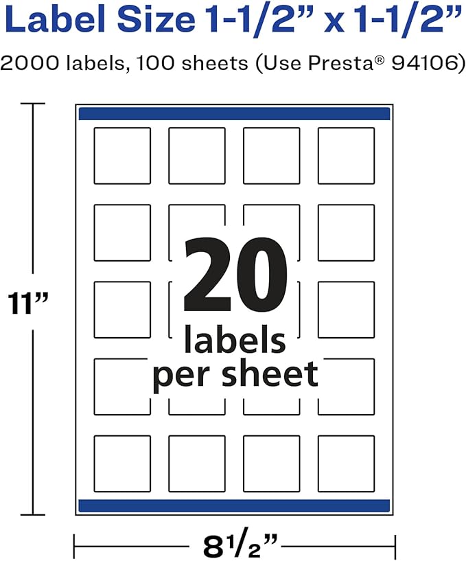 Avery Glossy White Square Labels, Sure Feed Technology, 1.5" x 1.5", 2,000 Glossy White Labels, Print-to-The-Edge, Permanent Adhesive, Laser/Inkjet Printable
