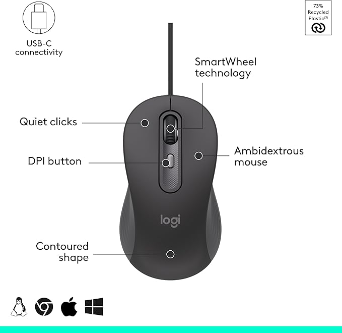 Logitech Signature Wired M520 L for Business, Optical Wired Mouse, USB-C Plug-and-Play, Windows/Mac/Chrome/PC/laptops - Graphite