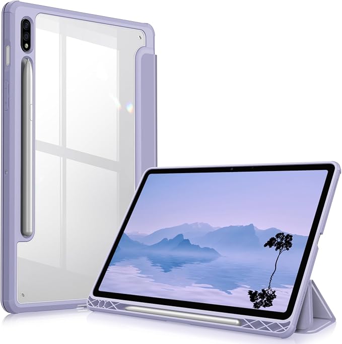 Fintie Hybrid Slim Case for Samsung Galaxy Tab S8/Tab S7 11 Inch (Model SM-X700/X706/T870/T875/T878) with S Pen Holder, Shockproof Cover with Clear Transparent Back Shell, Lilac Purple