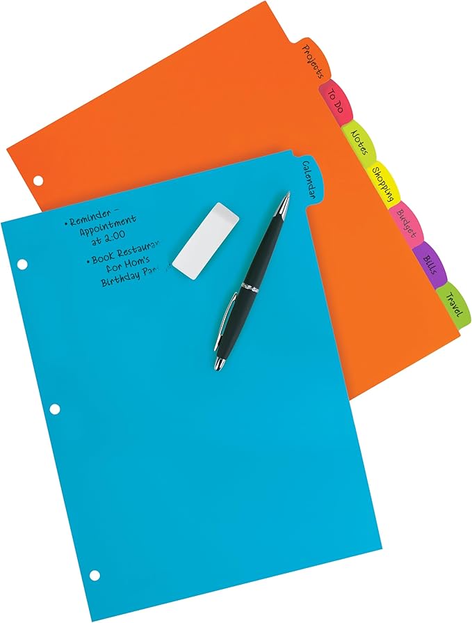 Avery Write & Erase 8 Tabs Plastic Divider for 3 Ring Binders, 3 Sets (8 Colors)