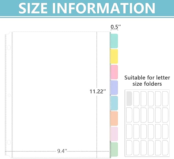 8 Set of 64 Pack Clear Binder Sheet Protectors for 3 Ring Binder Plastic Page Protector with 8 Tabs,Insertable Index Page Divider 8.5x11 Inch(Colorful)