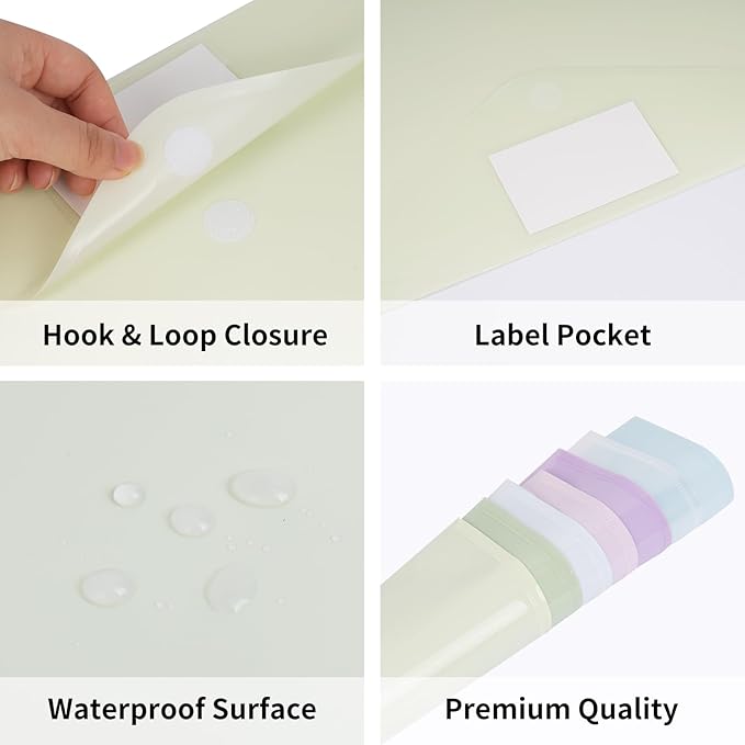EOOUT 7pcs Plastic Envelopes, Plastic File Folders for Documents, Hook & Loop Closure File Folders with Label Pocket A4 Size for School and Office Supplies