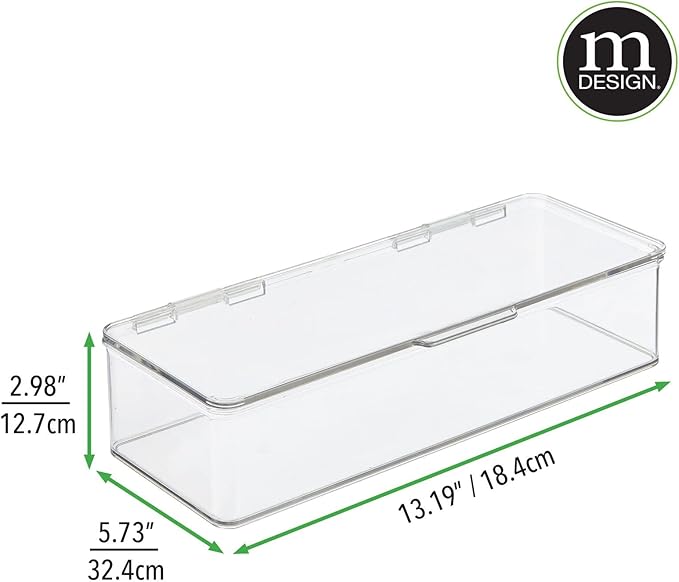 mDesign Office Supplies Desk Organizer Box with Lid for Staplers, Scissors, Pens, Sticky Notes, Highlighters, Tape - 3" Tall, Long, Clear