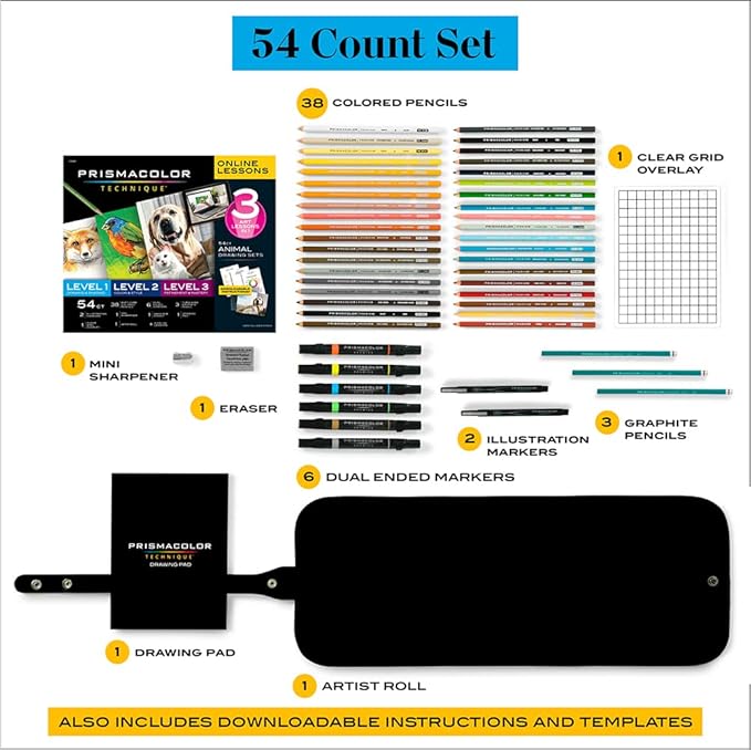 Prismacolor Technique Art Supplies and Digital Art Lessons Animal Drawing Set Bundle Levels 1-3 Adult Coloring 54 Count