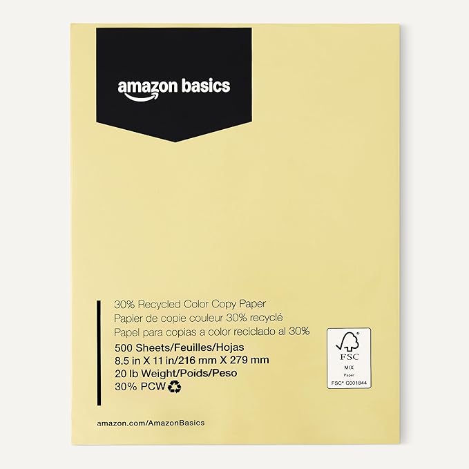 Amazon Basics 30% Recycled Color Copy Paper, 8.5" x 11", 20lb, 500 Sheets, Pastel Canary