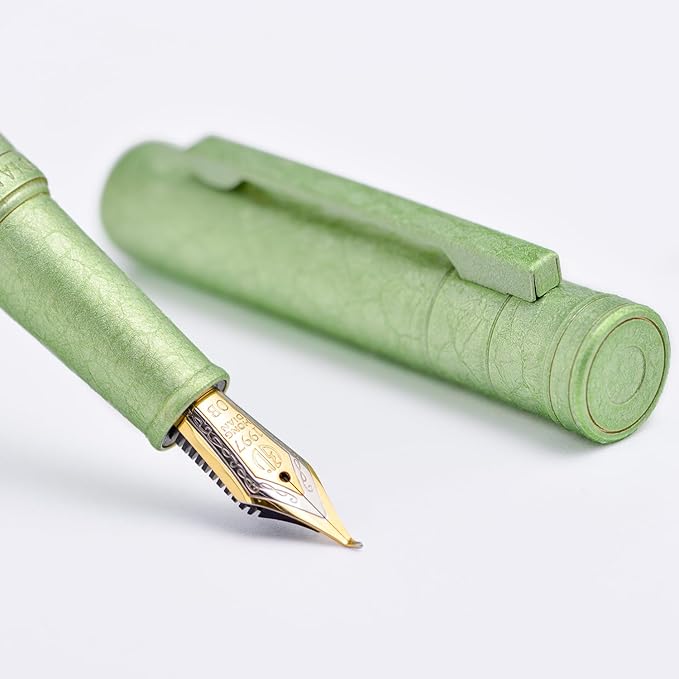 Hongdian 1851 Forest Fountain Pen Applegreen Ice Flowers, Bent Nib Classic Design with Converter and Metal Pen Case