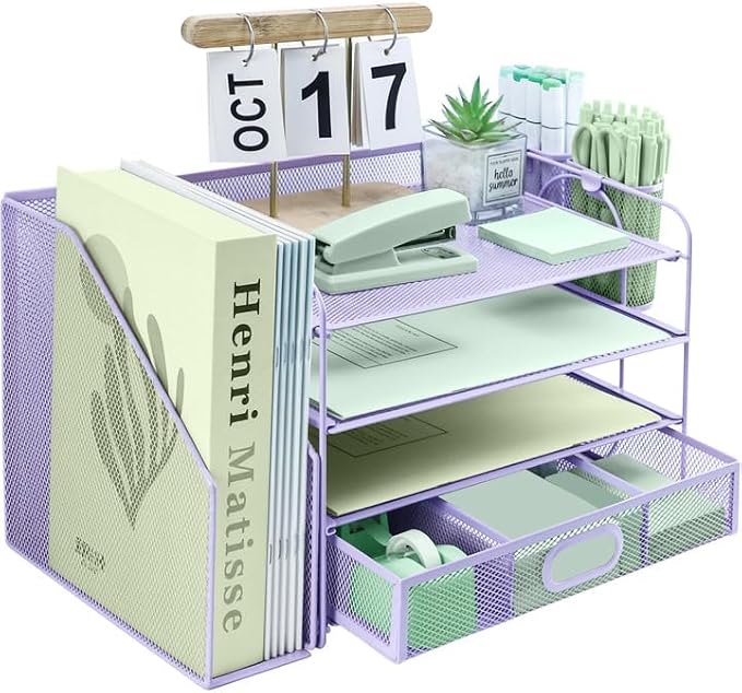 4 Tier Desk File Organiser with Extra Vertical File Sorter, Paper Letter Tray with Top Stationery Drawer Holder, A4 Paper Desktop Filing Trays, Magazine Document Holder for Home Office, Purple