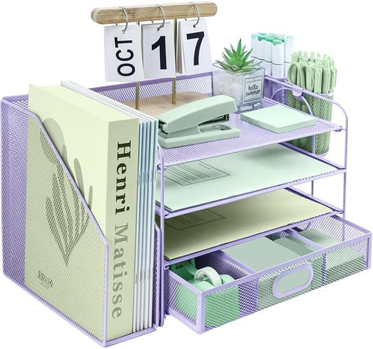 4 Tier Desk File Organiser with Extra Vertical File Sorter, Paper Letter Tray with Top Stationery Drawer Holder, A4 Paper Desktop Filing Trays, Magazine Document Holder for Home Office, Purple