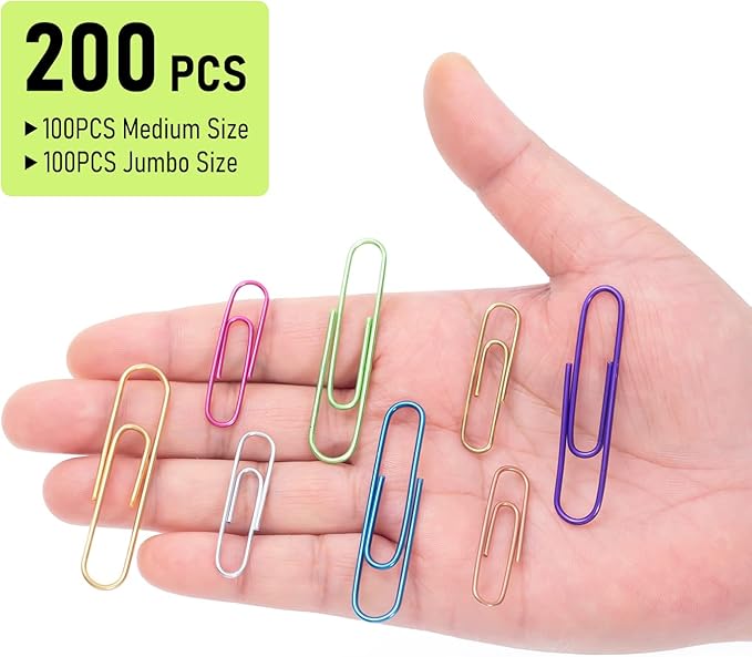 Paper Clips, 200pcs Jumbo and Medium （2 inch & 1.3 inch） Colored Clip, Large PaperClips Assorted Colors Sizes, Paper Clips for Paperwork Office School and Personal Use