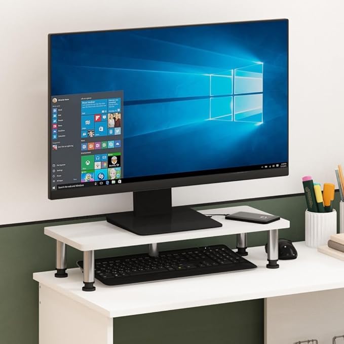 Furinno Turn-N-Tube Monitor Riser Stand, White Oak, Stainless Steel Tubes