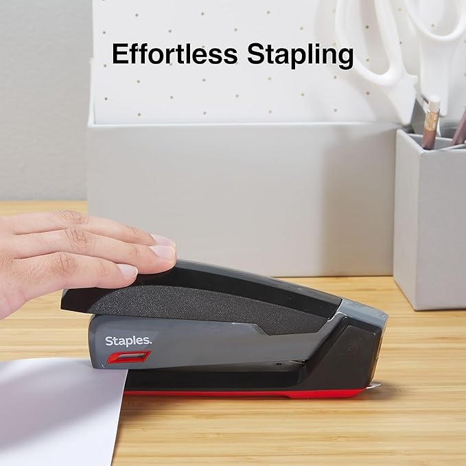 Staples One‑Touch Desktop Stapler, Full‑Strip Capacity, Gray/Black/Red – Smooth‑Press Stapler