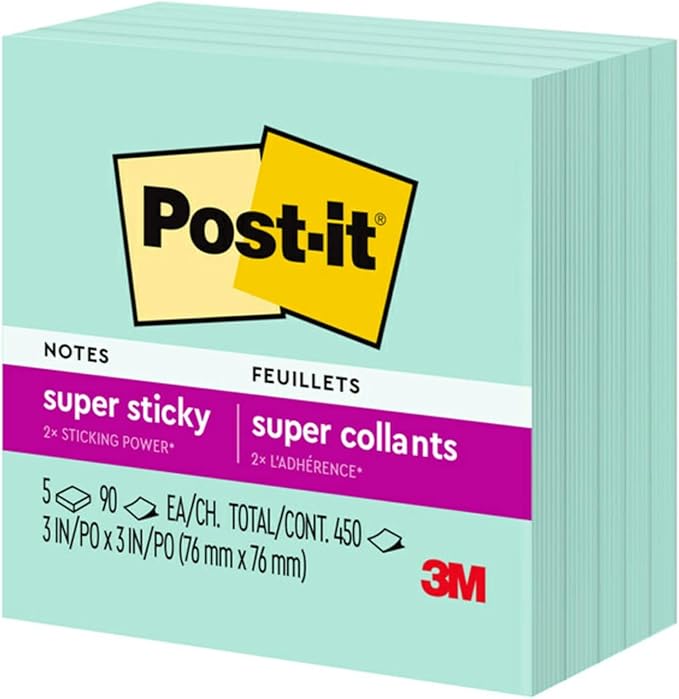 Post-it Super Sticky Notes, 5 Sticky Note Pads, 3 x 3 in., Ideal for Organization in Your Dorm, Home or Office, Single Color Packs Collection, Fresh Mint