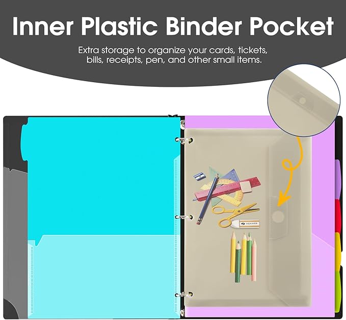 INFUN 1 Inch Telescoping Project Organizer Binder-2PCS,13 Pocket, Customizable Front Cover, 5 Colors Pocket Divider and Plastic Binder Pocket，225 Sheet Capacity-Black