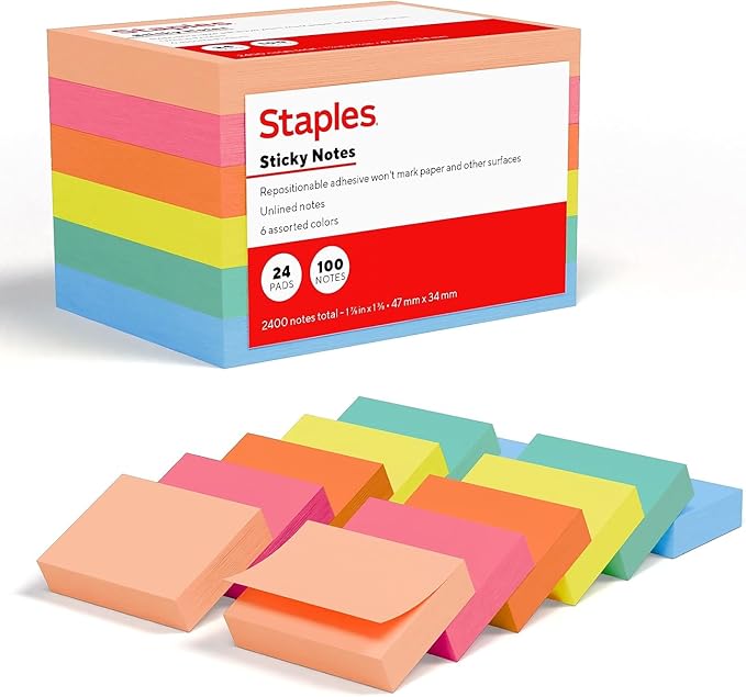 Staples Sticky Notes - 1 3/8" x 1 7/8" Small Post-it Pads, 100 Sheets, 24 Pads/Pack for Organizing and Reminders
