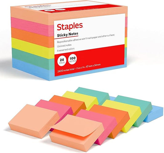 Staples Sticky Notes - 1 3/8" x 1 7/8" Small Post-it Pads, 100 Sheets, 24 Pads/Pack for Organizing and Reminders