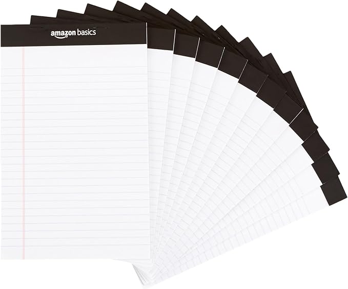 Amazon Basics Narrow Ruled Lined Writing Note Pads for Notes, Office Supplies, 5" x 8", White, 12-Pack of 50 Pages, Perforated