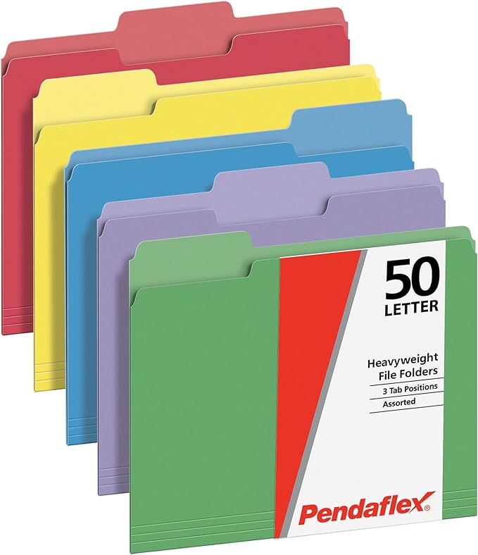Pendaflex Heavy Duty File Folders, 50 Pack, Letter Size (8.5" x 11"), 3 Tabs, Extra Durable Paper, 5 Assorted Colors, Color-Coding for School, Office & Home Document Organization