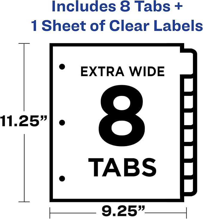 Avery 8-Tab Extra Wide Binder Dividers, Easy Print & Apply Clear Label Strip, Index Maker,White, 1 Set (11439)