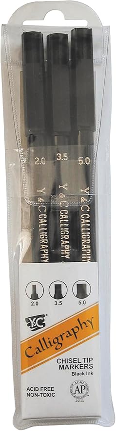 Yasutomo - NSC603A Y and C Water Based Calligraphy Markers, Chisel Tip, Assorted Sizes, Black, Pack of 3 - 443609