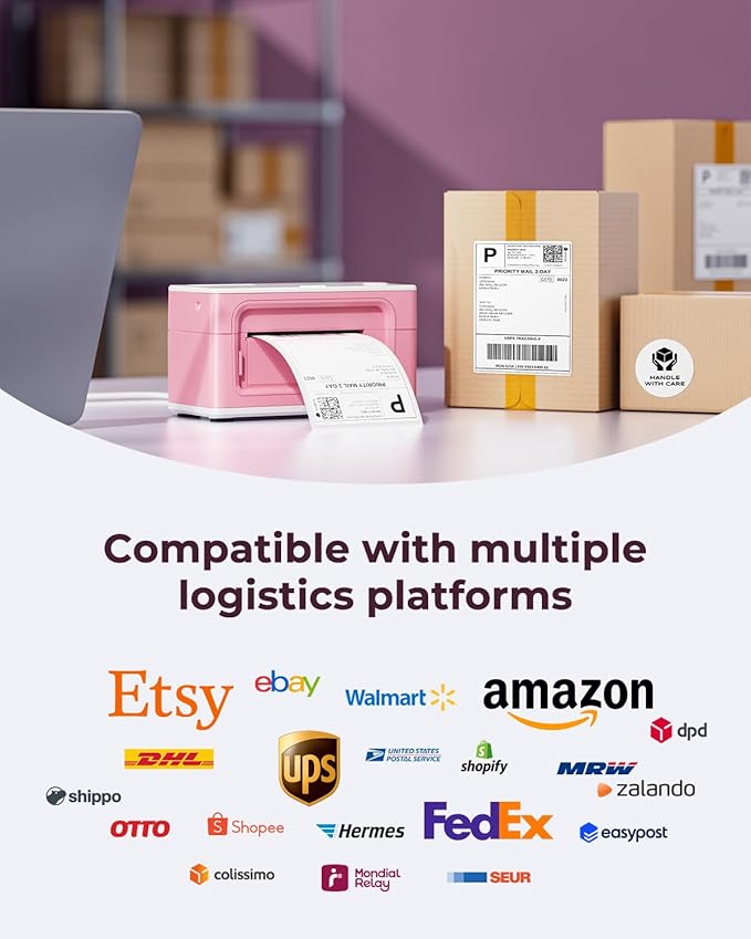 MUNBYN Bluetooth Thermal Label Printer 941BP, Wireless 300DPI 4x6 Shipping Label Printer for Small Business, Compatible with Windows, Mac, iPhone, Android, PC, Ebay, Amazon, Shopify, Etsy, USPS (Pink)