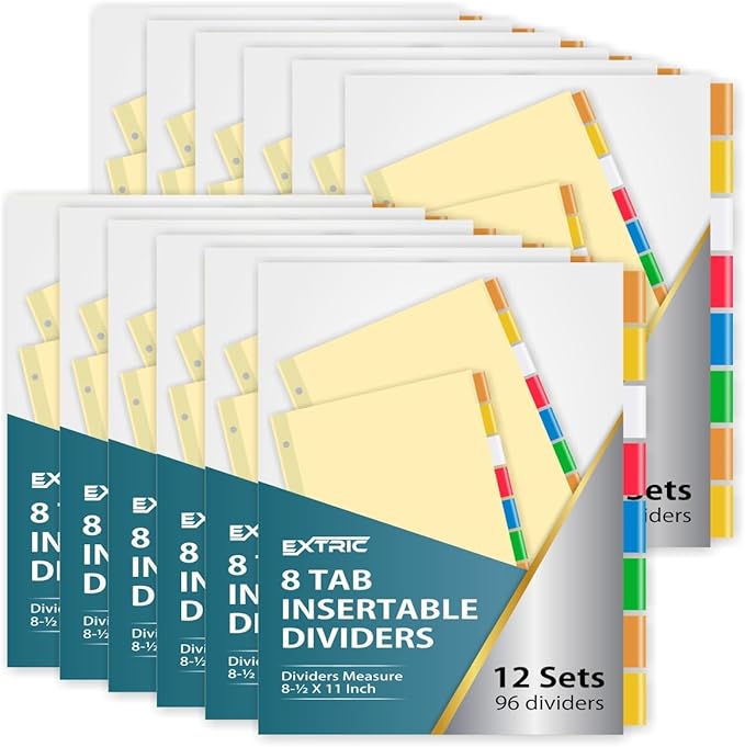 8-Tab Binder Dividers for 3 Ring Binder, Insertable Multicolor Big Tabs, Bulk Letter Size Paper Divider, 8.5 x 11 inch, 12 Sets (96 Dividers Total)
