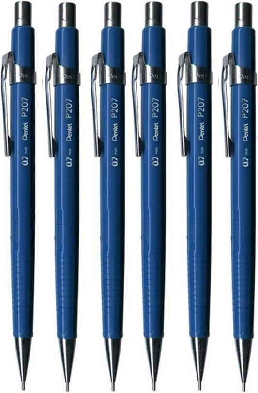 Pentel 0.7mm (P207) Blue P200 Series Automatic Mechanical Draughting Pencil Refillable Lead Eraser P207-C (Pack Of 6)