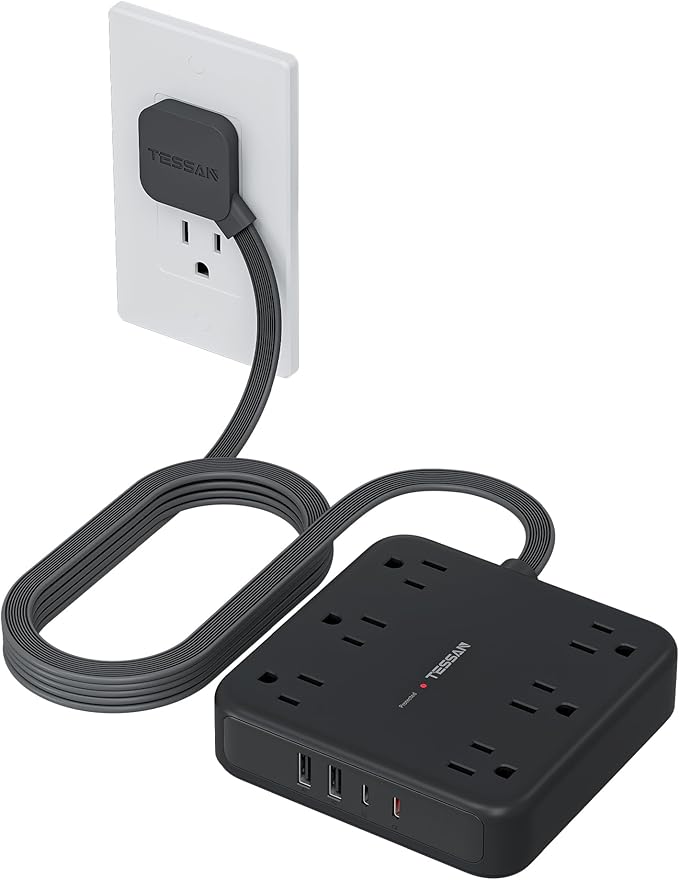 TESSAN 10Ft Black Extension Cord with Multiple Outlets, Flat Plug Surge Protector Power Strip with 6 Outlets and 4 USB Ports (2 USB C), PD 20W Fast Charger, 2100J Protection, for Home, Office, Dorm