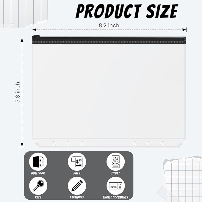 Zonon 30 Pcs A5 6 Rings Black Zipper Binder Pouches Clear Binder Pockets with Zipper Folders Waterproof PVC Loose Leaf Bags Filling Bags for Pen Pencil Notebooks File Document