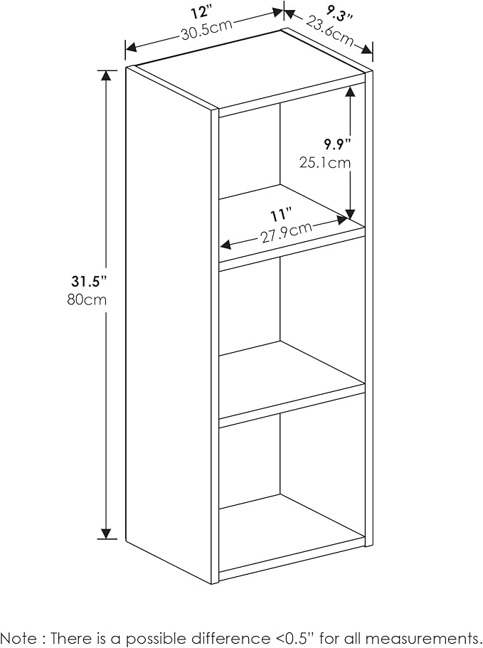 Furinno PASIR Book Shelf, 3-Tier Open Shelves Bookshelf, Bookcase, 9 x 12 x 32, for Living Room, Bedroom, Home Office, Darkwood